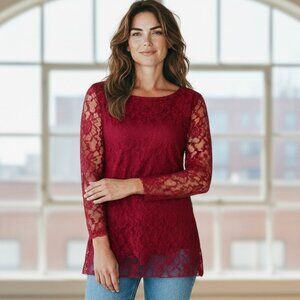 NWT Burgundy-Red Floral Lace Lined Body Long Sleeve Tunic Top Women's L  #77D